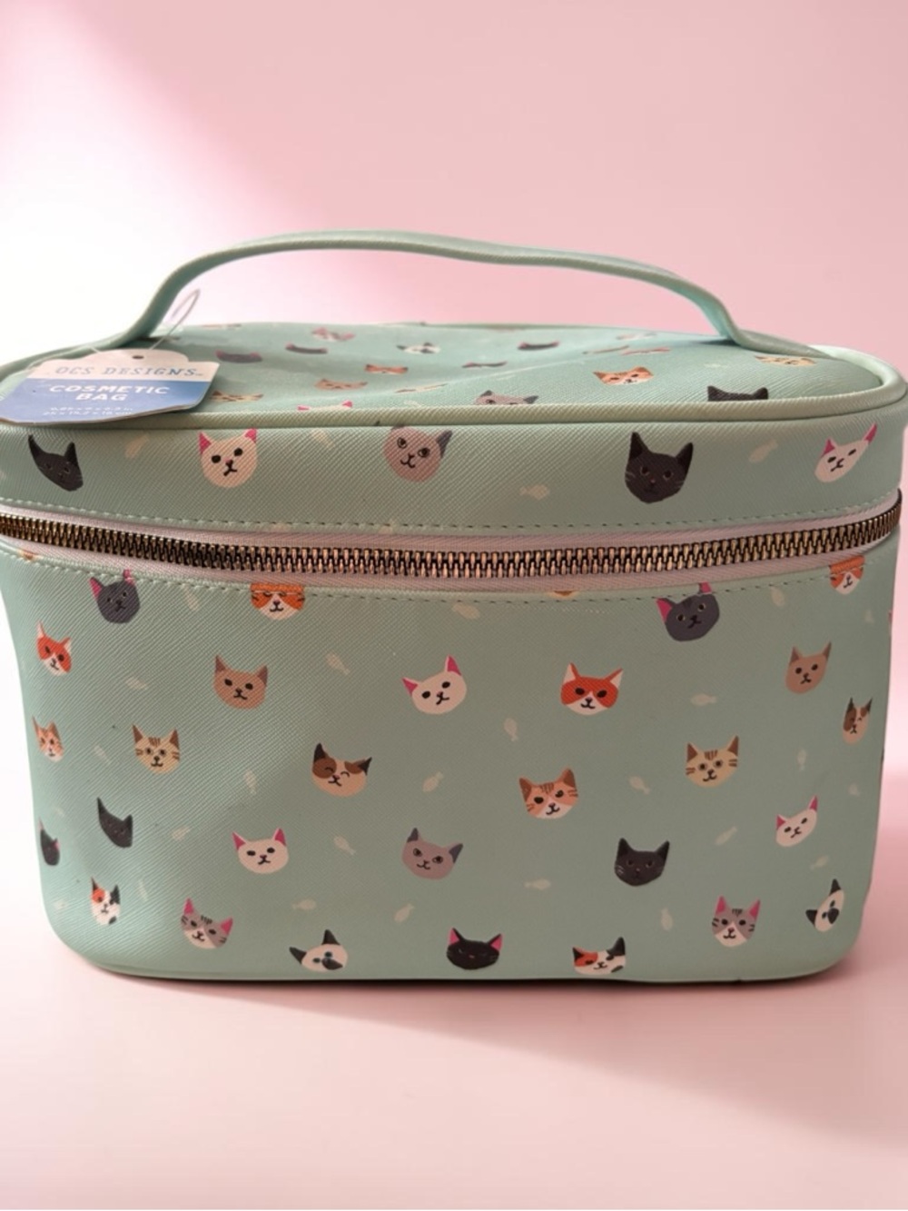 OCS Designs Cat Print Cosmetic Bag Mint Green Travel Makeup Case Cute Kawaii